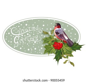 vector vintage Christmas background with holly and bullfinch