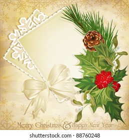 vector vintage christmas background with sprig of European holly and ribbon