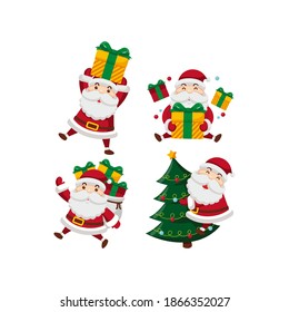 Vector vintage Christmas badge with cartoon Santa Claus holding a present. Retro illustration.