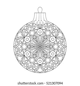 Vector vintage Christmas ball for tree, zentangle freehand decoration element. Winter zentangle isolated symbol. Artistic patterned illustration for adult coloring book pages. books, art therapy.