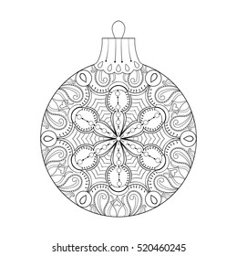 Vector vintage Christmas ball, zentangle freehand decoration element. Artistic patterned illustration for adult coloring book page, book, art therapy. Isolated symbol for t-shirt print, poster, tattoo