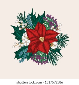 Vector vintage christmas bouquet with poinsettia.