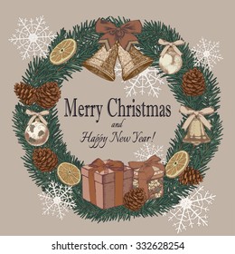Vector vintage Christmas card with hand drawn wreath of fir tree, fir cones, bells, dried oranges and Christmas decorations
