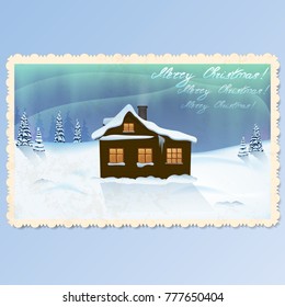vector vintage Christmas card with ornaments on the edge. winter evening landscape with Northern lights. village house in the mountains. the inscription - merry Christmas