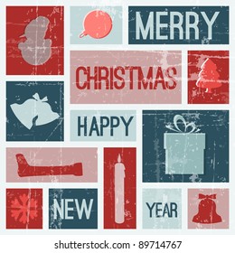 Vector Vintage vector christmas card with various seasonal shapes - blue and red