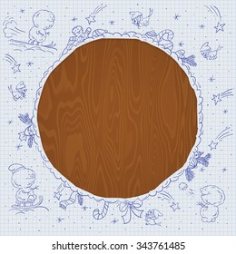 Vector vintage Christmas doodles. Seasonal hand drawn cartoon with wood board