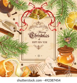 Vector vintage Christmas frame with pine branches, bells tea cup and spices. Design for cafe menu, advertising flyer, party invitation, greeting card. With place for text
