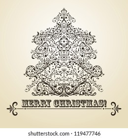 vector vintage Christmas greeting card with highly detailed fir tree on gradient background, fully editable eps 8 file, standart AI font "rosewood std"