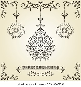 vector vintage Christmas greeting card with highly detailed fir tree balls on gradient background and vintage floral frame, fully editable eps 8 file, standart AI font