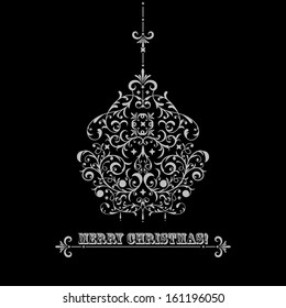 vector vintage Christmas greeting card with highly detailed fir tree ball on gradient background, fully editable eps 8 file, standart AI font