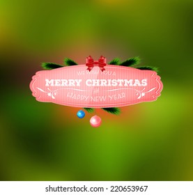 Vector vintage Christmas greeting card design on soft defocused bokeh background