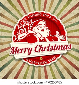Vector Vintage Christmas Greeting Card With Santa Claus Retro Illustration. Calligraphic And Typographic Design Elements.