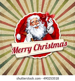 Vector vintage Christmas greeting card with Santa Claus retro illustration. Calligraphic and typographic design elements.