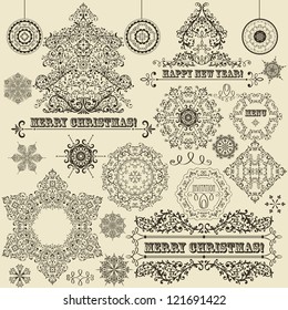 vector vintage Christmas highly detailed design elements: fir tree, balls, snowflakes, and frames, fully editable eps 8 file, standart AI fonts "rosewood std", "eccentric std"