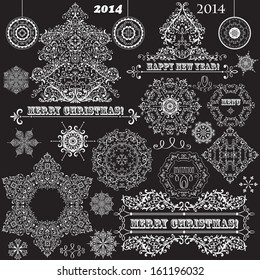 vector vintage Christmas highly detailed design elements: fir tree, balls, snowflakes, and frames, fully editable eps 8 file, standart AI fonts "rosewood std", "eccentric std"