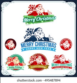 Vector Vintage Christmas Labels With Cartoon Santa Claus Retro Illustration. Calligraphic And Typographic Design Elements.