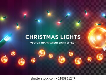 Vector Vintage Christmas Lights. Set of Multi-Colored Xmas Lights. Gold LED Glass Garland, Luxury Design Element for Greeting Card, Holiday Party Invitation, Anniversary Flyer. Festive Background.