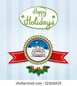 Vector vintage Christmas or New Year card, banner. sheep, a branch of mistletoe, ribbon, greeting, congratulation, medal. 