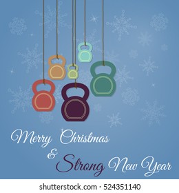 Vector vintage Christmas and New Year greeting Card. Greeting card with ketllebells stylized like christmas decorations. Background with low opacity snowflakes.