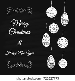 Vector vintage Christmas and New Year greeting card. Card with white hand-drawn Christmas decorations and with text. Background is like black chalkboard.