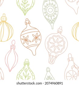 Vector Vintage Christmas Ornaments Lineart in Pastel Colors seamless pattern background. Perfect for web design, fabric, scrapbooking and wallpaper projects.