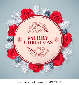 Vector vintage christmas postcard with spruce and roses
