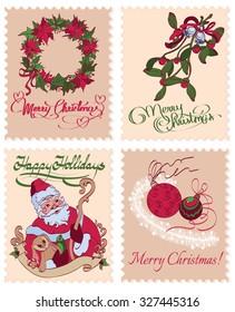 Vector Vintage Christmas Stamps Mistletoe Wreath Greetings Seamless Pattern