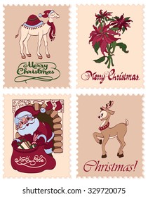 Vector Vintage Christmas Stamps Raindeer Santa Greetings Seamless Pattern