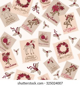 Vector Vintage Christmas Stams Light Seamless Pattern. Poinsettias Wreaths. Camel Mistletoe