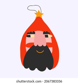 vector vintage Christmas tree toy - the head of a mustachioed man in a red hat. Funny crazy  bizarre santa claus. Wooden toys and decorations for Christmas and New Year.Isolated irish elf sticker