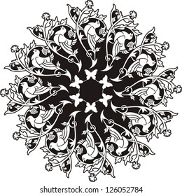 Vector vintage circle ornament with birds.