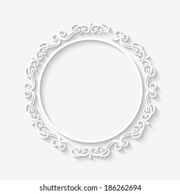 Vector Vintage Circle White Border Frame With Long Shadows. Blank Circle Paper Frame With Baroque Pattern And Retro Decorations