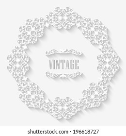 Vector vintage circle white border frame with long shadows. Blank circle paper frame with Baroque pattern and retro decorations