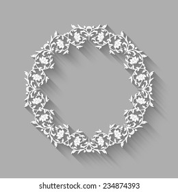 Vector vintage circle white border frame with long shadows. Blank circle paper frame with Baroque pattern and retro decorations