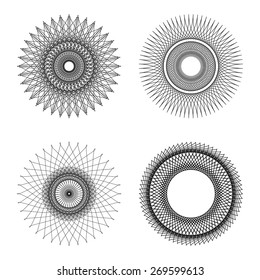 Vector vintage circular ornaments. A set of abstract black symbols. Retro sunburst collection with geometric shape.