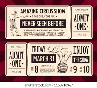 Vector vintage circus show ticket front and back templates with typography and hand drawn magician and elephant isolated