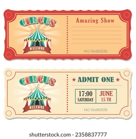 Vector vintage circus ticket. Retro design circus ticket, with top, admit one, code and text elements for events.