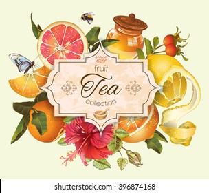 Vector vintage citrus banner with honey, hibiscus and rose hip.Design for tea, juice, natural cosmetics, baking,candy and sweets with citrus filling,grocery,health care products. With place for text.