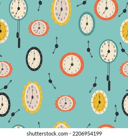 Vector vintage clock dials seamless pattern. Classic antique watch isolated. Ancient retro timer design. Traditional silhouette. Old graphic timer object design. Elegant collection