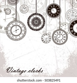 Vector vintage clock dials seamless pattern. Classic antique watch isolated. Ancient retro timer design. Traditional silhouette. Old graphic timer object design. Elegant collection