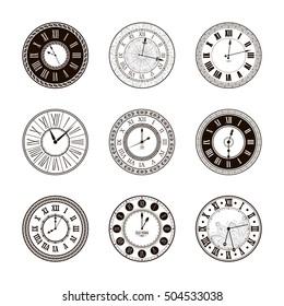 Vector vintage clock dials set. Classic antique watch isolated. Ancient retro timer design. Traditional silhouette. Old graphic timer object design. Elegant collection