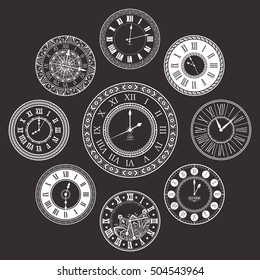 Vector vintage clock dials set. Classic antique watch isolated. Ancient retro timer design. Traditional silhouette. Old graphic timer object design. Elegant collection