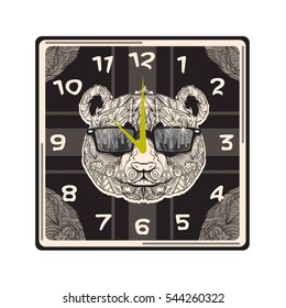 Vector vintage clock with face of panda. Illustration isolated on white background.