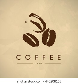 Vector Vintage Coffee Shop Emblem Logo Design Isolated. Coffee Store Label Insignia Template. Coffee Bean Silhouette Hand Drawn. Coffee Seed Simple Icon.