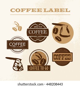 Vector vintage coffee shop emblem, logo design set isolated. Retro style coffee store label, insignia template. Coffee bean, coffee pot stamp hand drawn. Coffee seed icon.