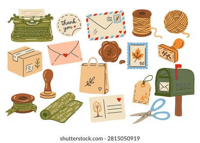 Vector vintage collection of autumn-themed envelopes, letters, and postage stamps for your design. Hand drawn illustrations.	
