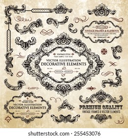 Vector vintage collection: Baroque and antique frames, labels, emblems and ornamental design elements on a old paper textural background