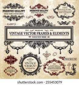 Vector vintage collection: Baroque and antique frames, labels, emblems and ornamental design elements on a old paper textural background