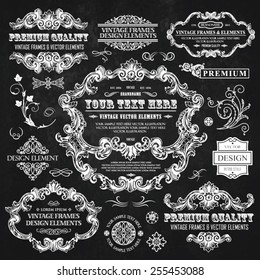 Vector vintage collection: Baroque and antique frames, labels, emblems and ornamental design elements on a chalkboard background