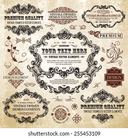 Vector vintage collection: Baroque and antique frames, labels, emblems and ornamental design elements on a old paper textural background